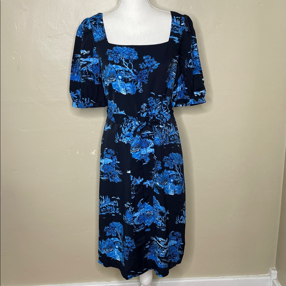 ANN TAYLOR Petite Blue & Black Floral Toile Square NIGHT SKY MIDI Dress 6P